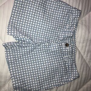 blue and white patterned shorts